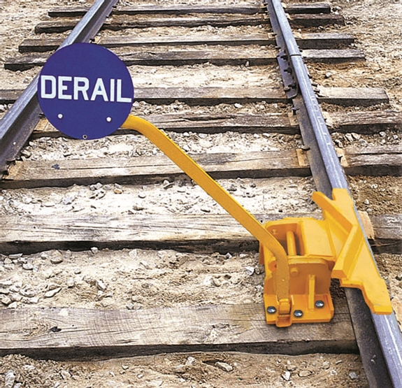 DR-2 Two Way Derail
FOR FREIGHT CARS & ROAD-RAIL VEHICLES.
Blue derail sign and holder are included with the derail. Six screw spikes are provided for proper anchoring to ties. Height of derail above rail: 3"
Weight 165lbs